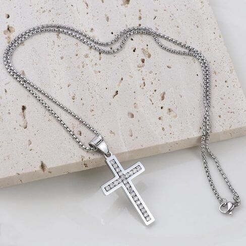 VI-FA Men's Cross Necklace Stainless Steel Jewelry Necklace with Cubic Zirconia Women Diamond Cross Crucifix Pendant with 22 Inches Box Chain in Kuwait