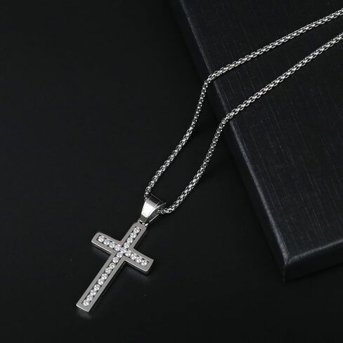 VI-FA Men's Cross Necklace Stainless Steel Jewelry Necklace with Cubic Zirconia Women Diamond Cross Crucifix Pendant with 22 Inches Box Chain in Kuwait