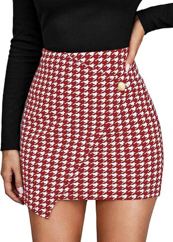 OYOANGLE Women's High Waist Work Houndstooth Print Asymmetrical Button Elegant Bodycon Mini Short Skirts in Kuwait
