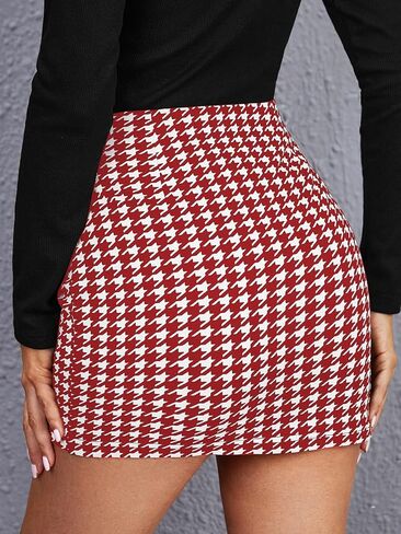 OYOANGLE Women's High Waist Work Houndstooth Print Asymmetrical Button Elegant Bodycon Mini Short Skirts in Kuwait