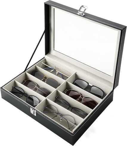 FLKQC 8 Slot Eyeglass Sunglass Storage Box | PU Leather Glasses Case for Women Men | 8 Piece Eyeglasses Storage and Sunglass Glasses Display Drawer Lockable Case Organizer,Black in Kuwait