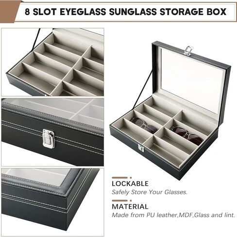 FLKQC 8 Slot Eyeglass Sunglass Storage Box | PU Leather Glasses Case for Women Men | 8 Piece Eyeglasses Storage and Sunglass Glasses Display Drawer Lockable Case Organizer,Black in Kuwait