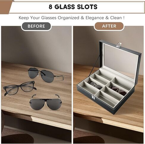 FLKQC 8 Slot Eyeglass Sunglass Storage Box | PU Leather Glasses Case for Women Men | 8 Piece Eyeglasses Storage and Sunglass Glasses Display Drawer Lockable Case Organizer,Black in Kuwait