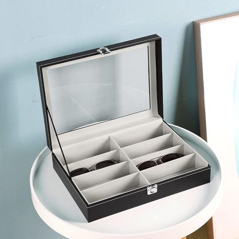 FLKQC 8 Slot Eyeglass Sunglass Storage Box | PU Leather Glasses Case for Women Men | 8 Piece Eyeglasses Storage and Sunglass Glasses Display Drawer Lockable Case Organizer,Black in Kuwait