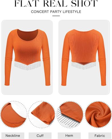 ZXZY Women Soft Ribbed Sparkly Rhinestone Fringe Long Sleeve Crop Top Cropped T Shirts in Saudi Arabia