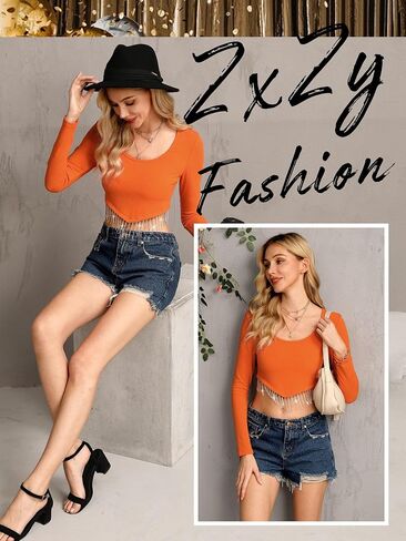 ZXZY Women Soft Ribbed Sparkly Rhinestone Fringe Long Sleeve Crop Top Cropped T Shirts in Saudi Arabia