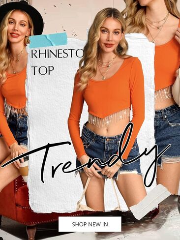 ZXZY Women Soft Ribbed Sparkly Rhinestone Fringe Long Sleeve Crop Top Cropped T Shirts in Saudi Arabia