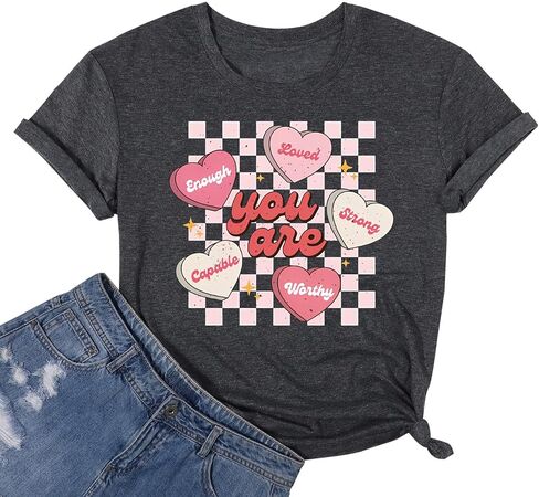 قمصان عيد الحب النسائية ريترو كاندي القلب المعلم عيد الحب أنت يكفي تي شيرت عادية عاشق هدية بلوزة بلايز in Kuwait