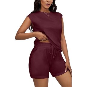 CLOCOR ملابس نسائية مكونة من قطعتين بدلة رياضية بياقة دائرية بدون أكمام بدلة رياضية عالية الخصر برباط مجموعة تي شيرتات قصيرة للأطفال مع جيوب in Kuwait