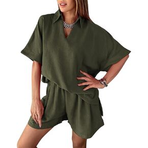 Amkoyam Women's Summer 2 Piece Outfits Casual V Neck Short Sleeve Tops High Waisted Shorts Tracksuit Lounge Sets 2024 in Kuwait