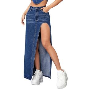 Verdusa Women's High Waist Split Thigh Denim Long Maxi Skirt