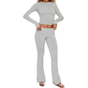 GTETKDE Women's 2 Piece Lounge Sets Fold-over Flare Pants Set and Outfit Basic Long Sleeve Crop Top Casual Pajamas in Kuwait