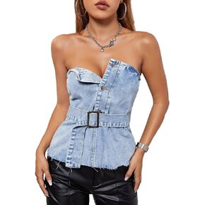 SHENHE Women's Strapless Jean Top Button Front Belted Raw Hem Sexy Y2k Denim Tube Top in Saudi Arabia