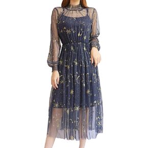 Women Summer Chiffon Dress Stars Moon Print Embroidered Skirt Long Puff Sleeve Princess Dress