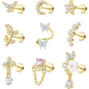 LOLIAS 16 Gauge Cartilage Earrings Helix Earrings for Women Stainless Steel Helix Piercing Jewelry Leaf Butterfly CZ Studs Flat Back Cartilage Earrings