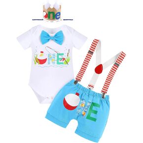 IMEKIS Baby Boys Fishing 1st Birthday Outfit Cake Smash Bowtie Romper + Shorts + Suspenders + Hat Clothes Set for Photo Shoot