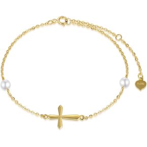 SISGEM 14k Gold Cross Bracelet for Women, Real Pearl Religious Bracelet, Confirmation Gifts for Her, 6.3"+1"+1"