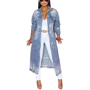 Leyoutx Womens Distressed Ripped Denim Trench Coat Casual Slim Button Down Washed Long Jean Jacket in Kuwait