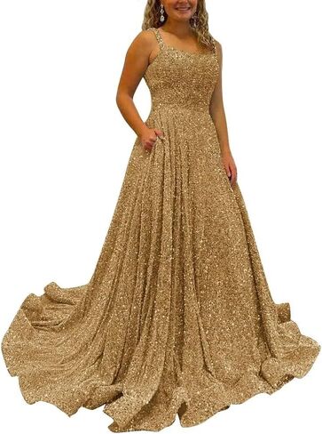 Sparkly Sequins A Line Prom Dresses Long Spaghetti Straps Party Dresses Backless Wide Hem Ball Gowns for Women in Saudi Arabia