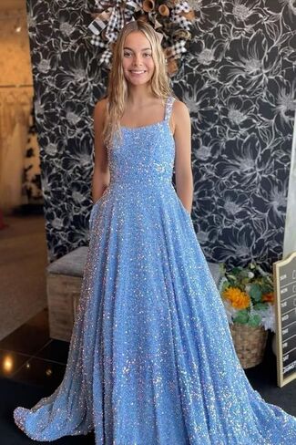 Sparkly Sequins A Line Prom Dresses Long Spaghetti Straps Party Dresses Backless Wide Hem Ball Gowns for Women in Saudi Arabia