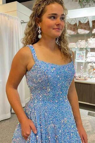 Sparkly Sequins A Line Prom Dresses Long Spaghetti Straps Party Dresses Backless Wide Hem Ball Gowns for Women in Saudi Arabia