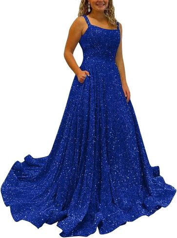 Sparkly Sequins A Line Prom Dresses Long Spaghetti Straps Party Dresses Backless Wide Hem Ball Gowns for Women in Saudi Arabia