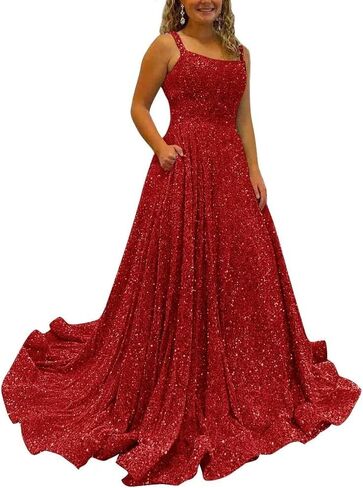 Sparkly Sequins A Line Prom Dresses Long Spaghetti Straps Party Dresses Backless Wide Hem Ball Gowns for Women in Saudi Arabia