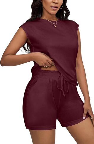 CLOCOR ملابس نسائية مكونة من قطعتين بدلة رياضية بياقة دائرية بدون أكمام بدلة رياضية عالية الخصر برباط مجموعة تي شيرتات قصيرة للأطفال مع جيوب in Kuwait