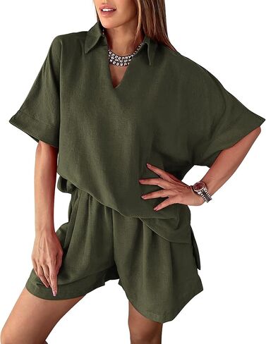 Amkoyam Women's Summer 2 Piece Outfits Casual V Neck Short Sleeve Tops High Waisted Shorts Tracksuit Lounge Sets 2024 in Kuwait