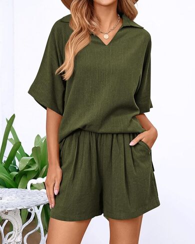 Amkoyam Women's Summer 2 Piece Outfits Casual V Neck Short Sleeve Tops High Waisted Shorts Tracksuit Lounge Sets 2024 in Kuwait