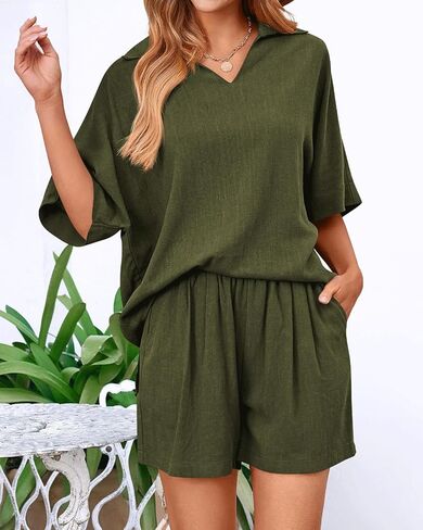 Amkoyam Women's Summer 2 Piece Outfits Casual V Neck Short Sleeve Tops High Waisted Shorts Tracksuit Lounge Sets 2024 in Kuwait