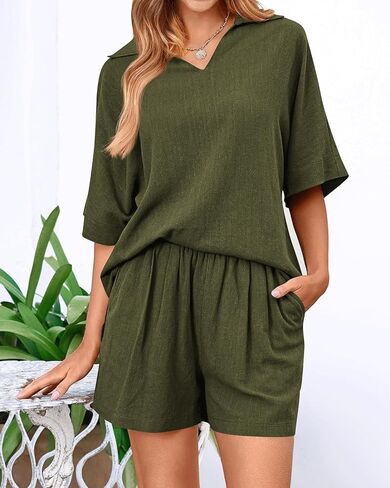 Amkoyam Women's Summer 2 Piece Outfits Casual V Neck Short Sleeve Tops High Waisted Shorts Tracksuit Lounge Sets 2024 in Kuwait