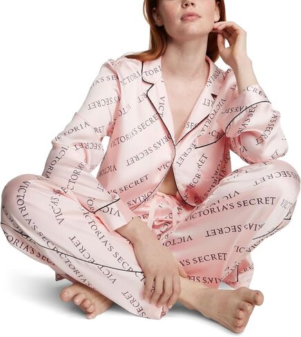 Victoria's Secret Satin Long Pajama Set, Silk Pajamas, PJ Set for Women, 2 Piece Lounge Set Silk PJs, Women's Sleepwear, Pink (L) in Saudi Arabia
