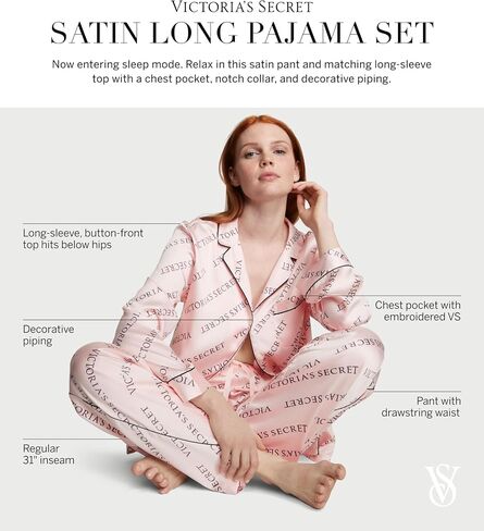 Victoria's Secret Satin Long Pajama Set, Silk Pajamas, PJ Set for Women, 2 Piece Lounge Set Silk PJs, Women's Sleepwear, Pink (L) in Saudi Arabia