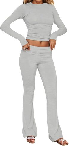 GTETKDE طقم صالة نسائي مكون من قطعتين طقم سراويل مضيئة قابلة للطي وزي أساسي بأكمام طويلة وبيجامات كاجوال in Kuwait