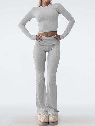 GTETKDE طقم صالة نسائي مكون من قطعتين طقم سراويل مضيئة قابلة للطي وزي أساسي بأكمام طويلة وبيجامات كاجوال in Kuwait