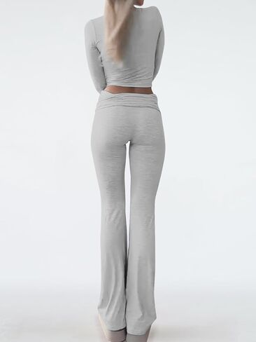 GTETKDE طقم صالة نسائي مكون من قطعتين طقم سراويل مضيئة قابلة للطي وزي أساسي بأكمام طويلة وبيجامات كاجوال in Kuwait