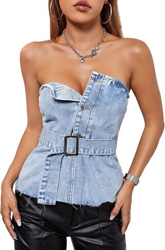 SHENHE Women's Strapless Jean Top Button Front Belted Raw Hem Sexy Y2k Denim Tube Top in Saudi Arabia