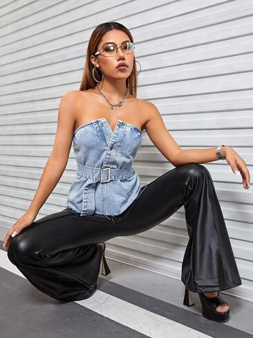 SHENHE Women's Strapless Jean Top Button Front Belted Raw Hem Sexy Y2k Denim Tube Top in Saudi Arabia
