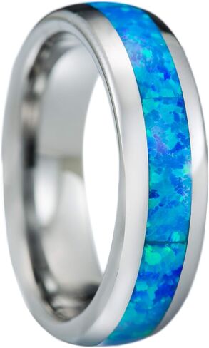 Tungsten Carbide Blue Opal Inlay Comfort Fit Ring Promise Wedding Engagement for Men, 8mm 6mm 4mm, Black Rose Gold Silver, Band Dome Style High Polished Finish, Gift Box Included in Saudi Arabia
