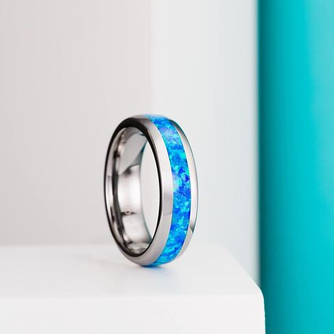 Tungsten Carbide Blue Opal Inlay Comfort Fit Ring Promise Wedding Engagement for Men, 8mm 6mm 4mm, Black Rose Gold Silver, Band Dome Style High Polished Finish, Gift Box Included in Saudi Arabia