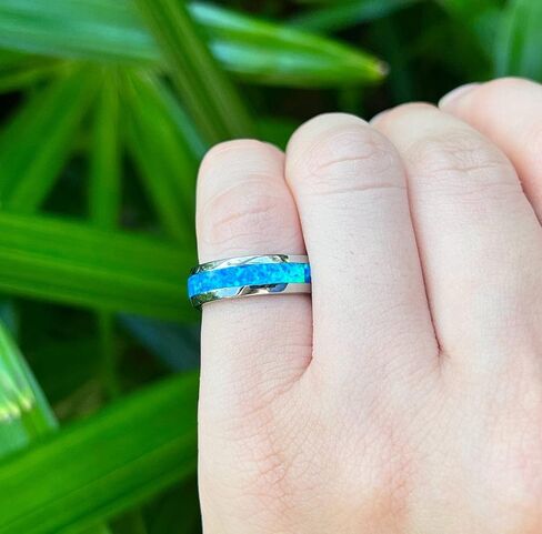 Tungsten Carbide Blue Opal Inlay Comfort Fit Ring Promise Wedding Engagement for Men, 8mm 6mm 4mm, Black Rose Gold Silver, Band Dome Style High Polished Finish, Gift Box Included in Saudi Arabia