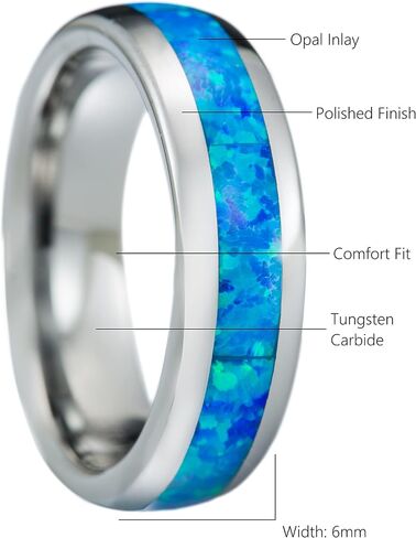 Tungsten Carbide Blue Opal Inlay Comfort Fit Ring Promise Wedding Engagement for Men, 8mm 6mm 4mm, Black Rose Gold Silver, Band Dome Style High Polished Finish, Gift Box Included in Saudi Arabia