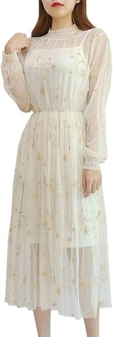 Women Summer Chiffon Dress Stars Moon Print Embroidered Skirt Long Puff Sleeve Princess Dress in Saudi Arabia