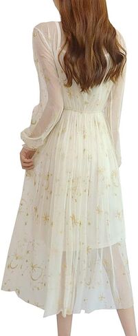Women Summer Chiffon Dress Stars Moon Print Embroidered Skirt Long Puff Sleeve Princess Dress in Saudi Arabia