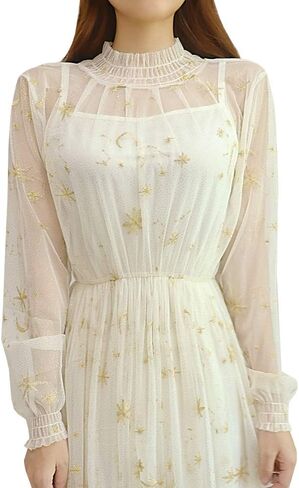 Women Summer Chiffon Dress Stars Moon Print Embroidered Skirt Long Puff Sleeve Princess Dress in Saudi Arabia
