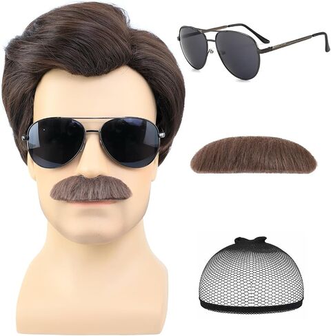AMZCOS Short Brown Men Wig with Msutache and Sunglasses for 70s 80s Costume Cosplay Halloween Party in Kuwait