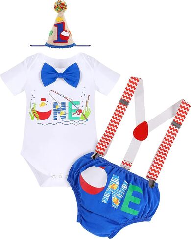 IMEKIS طفل الفتيان الصيد 1st عيد ميلاد الزي كعكة سحق ربطة عنق رومبير + شورت + الحمالات + قبعة الملابس مجموعة لالتقاط الصور in Saudi Arabia