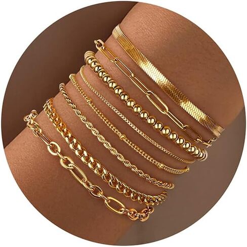 Sanfenly 8Pcs Gold Bracelets For Women, 14K Real Gold Plated Dainty Trendy Stackable Stacking Bracelets Chain Charm Link Paperclip Beaded Bracelet Stainless Steel Stretch Layered Women's Bracelet Sets in Kuwait