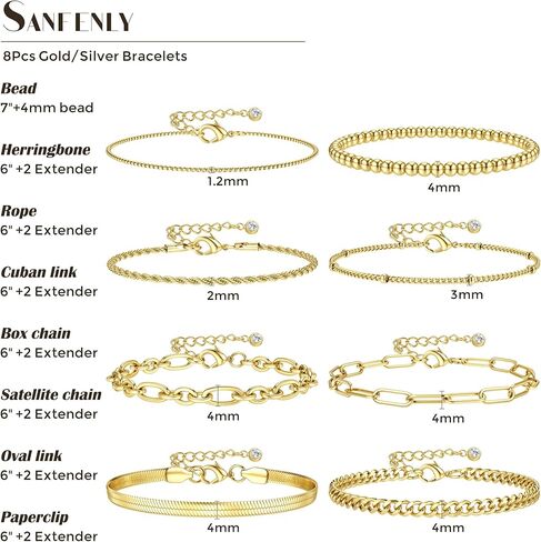 Sanfenly 8Pcs Gold Bracelets For Women, 14K Real Gold Plated Dainty Trendy Stackable Stacking Bracelets Chain Charm Link Paperclip Beaded Bracelet Stainless Steel Stretch Layered Women's Bracelet Sets in Kuwait